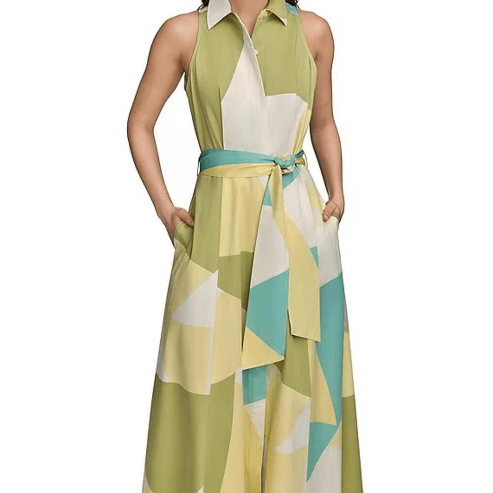 Donna Karen New York Sleeveles Collard Midi Green/Yellow Dress - 20W EUC